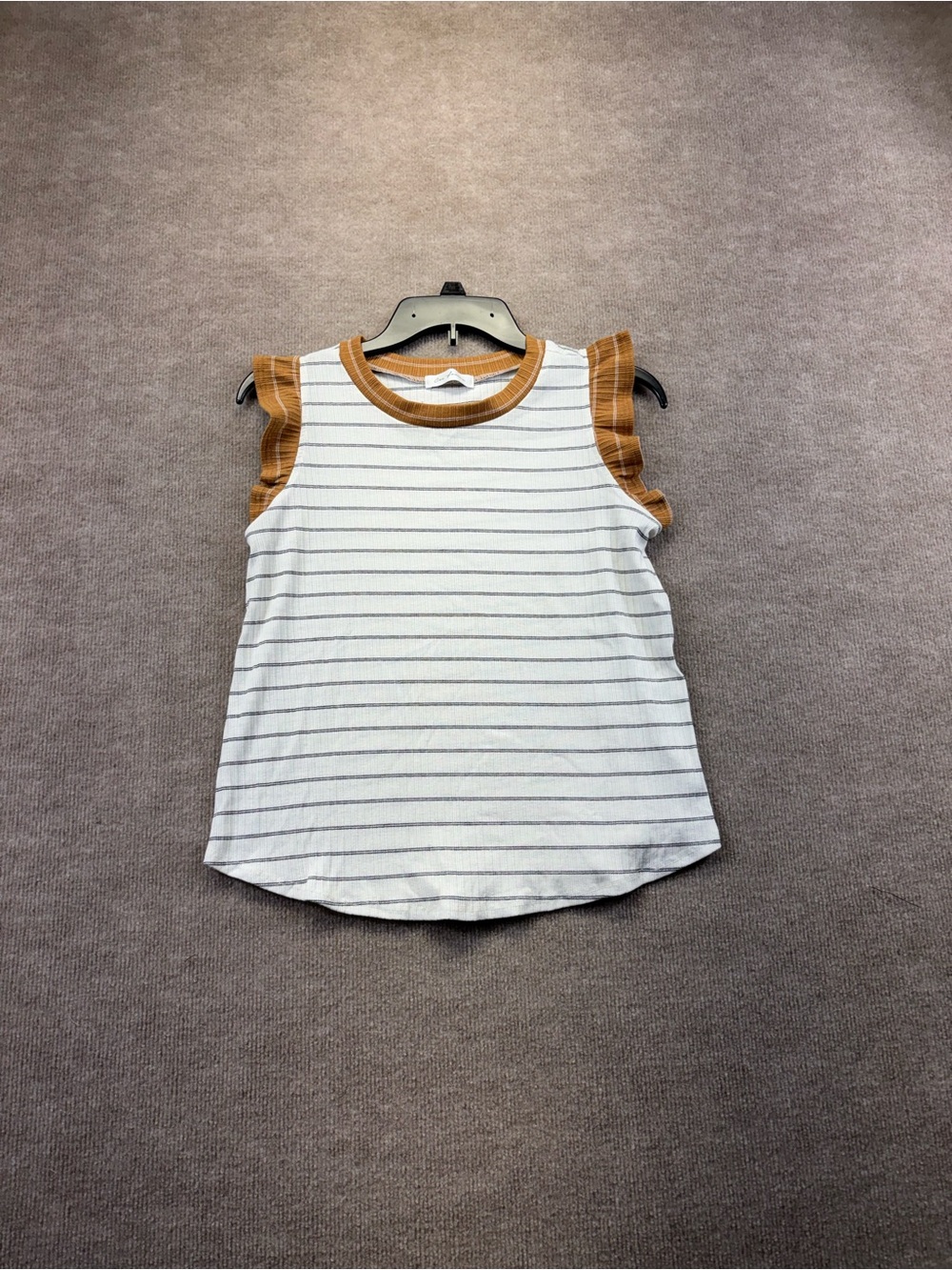 Ces Femme Tank White With Black Stripes and Brown Neck And Arm Trim Size Medium